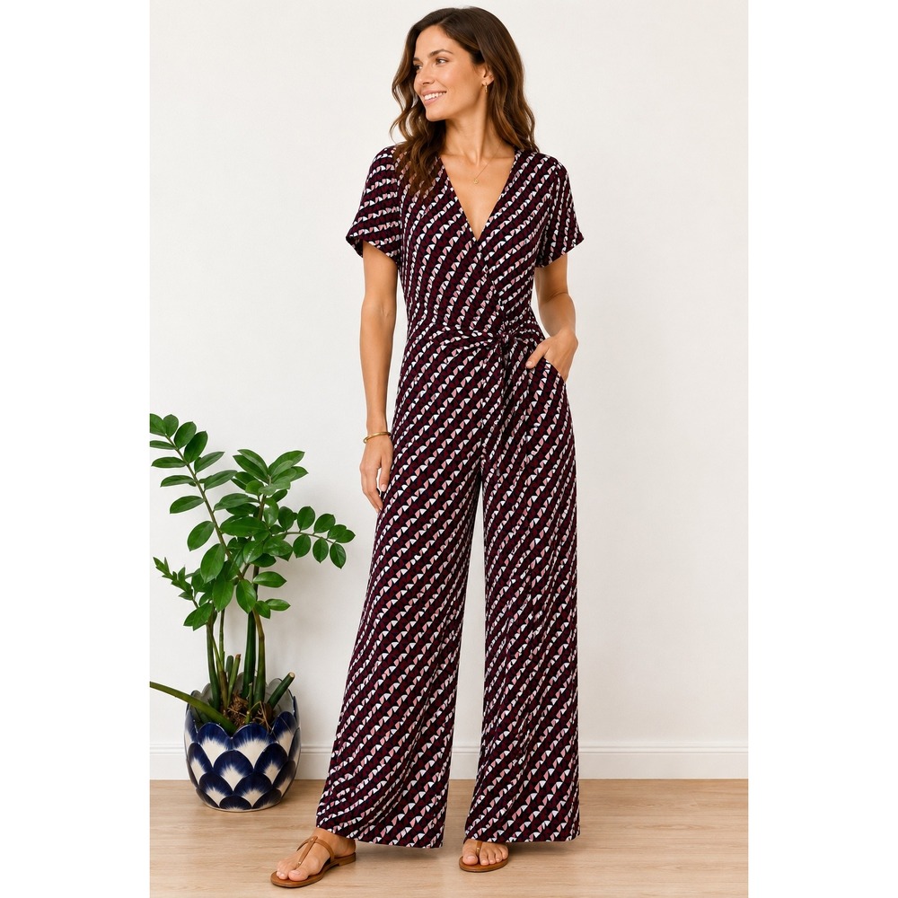 Boden Geometric Wide Leg Jumpsuit Burgundy Navy Pink UK 16 US 12 Tall